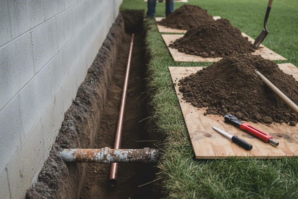 Excavated water line trench during Sewer Line Repair in Commack